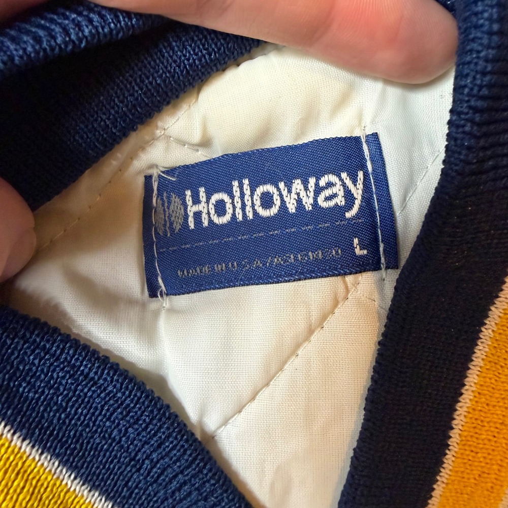 Vintage Holloway Varsity‎ Bomber Jacket Navy Blue Yellow Chamberlin 98 Large - Picture 3 of 3